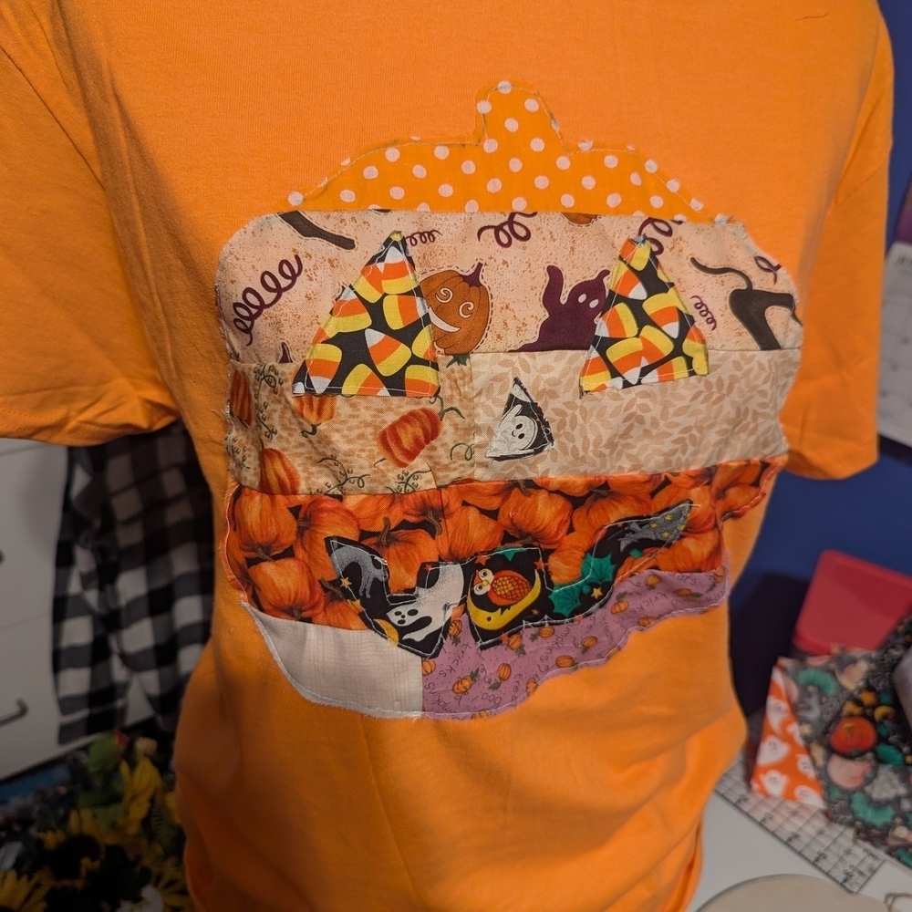 Orange Halloween Patchwork Short Sleeve Tee